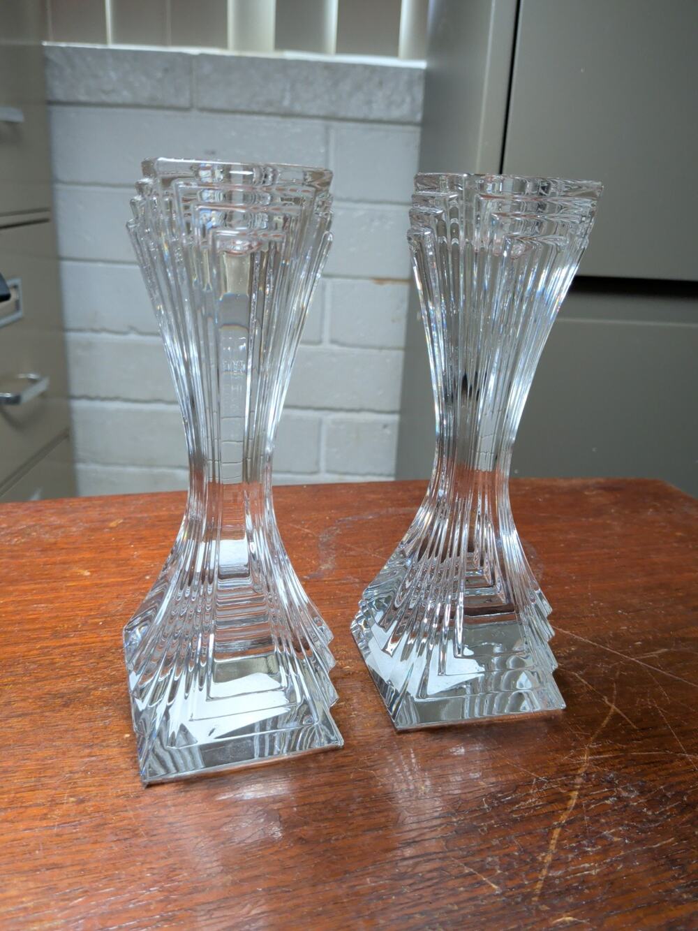 Pair Bohemia Crystal Candlesticks 7" Clear Czech Republic Art Deco Style